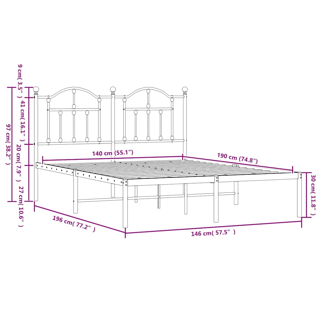 Metalni okvir za krevet s uzglavljem bijeli 140 x 190 cm
