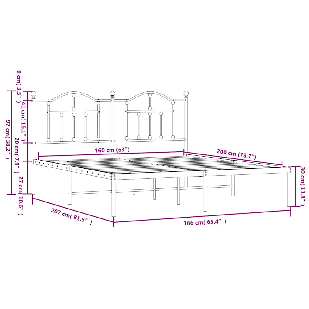 Metalni okvir za krevet s uzglavljem bijeli 160x200 cm