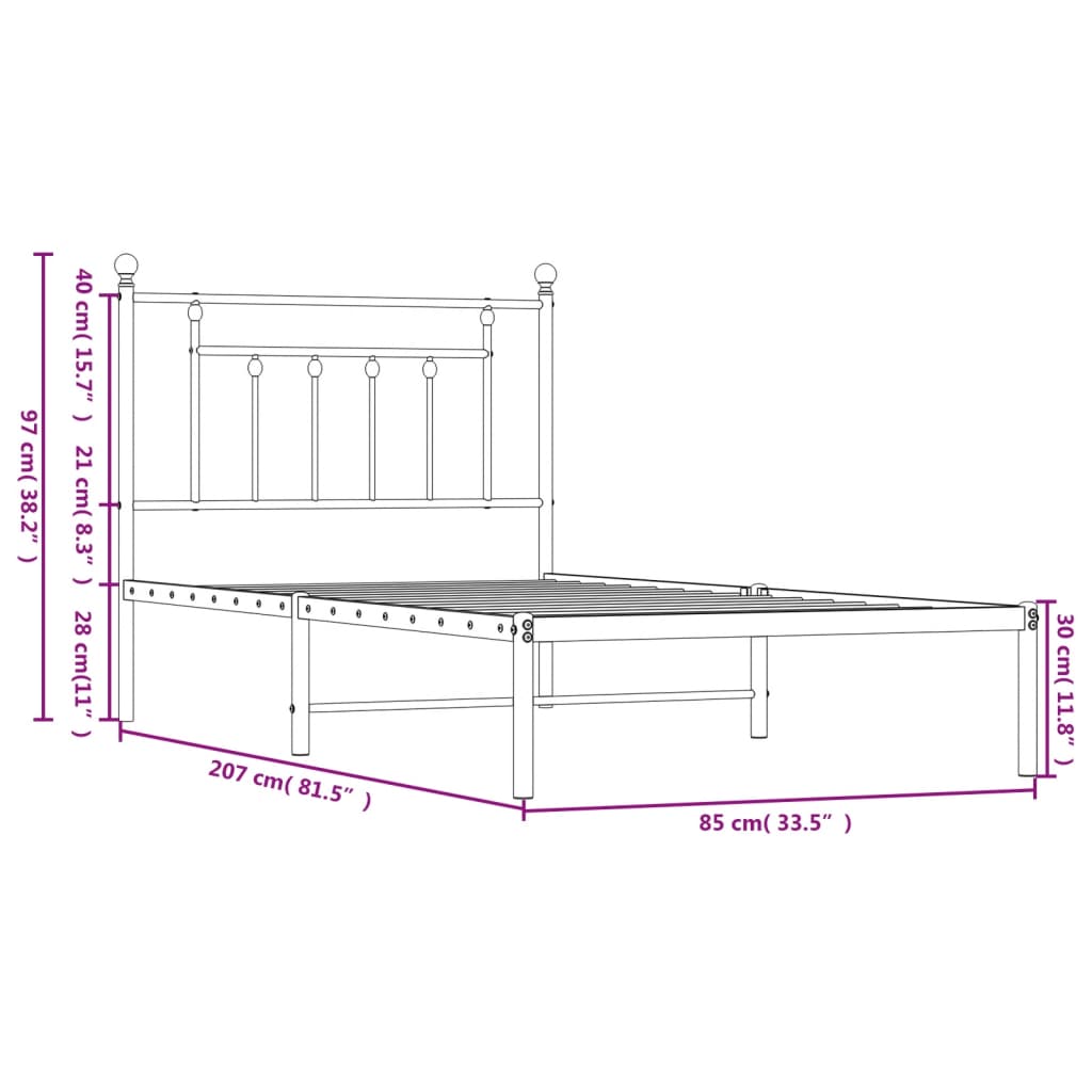 Metalni okvir za krevet s uzglavljem crni 80x200 cm