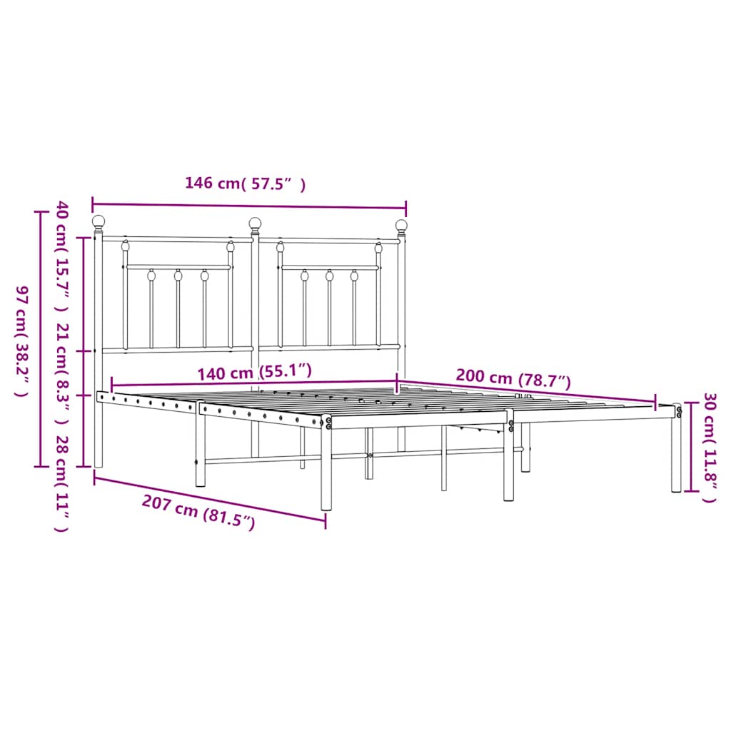 Metalni okvir za krevet s uzglavljem crni 140x200 cm