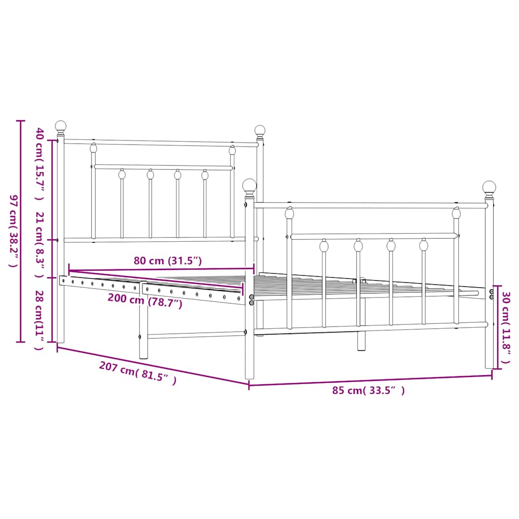 Metalni okvir kreveta uzglavlje i podnožje crni 80x200 cm
