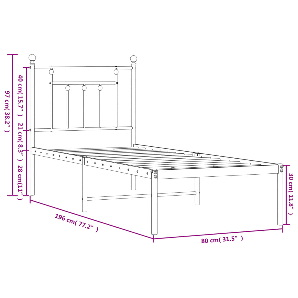 Metalni okvir krevet bez madraca s uzglavljem bijeli 75x190 cm