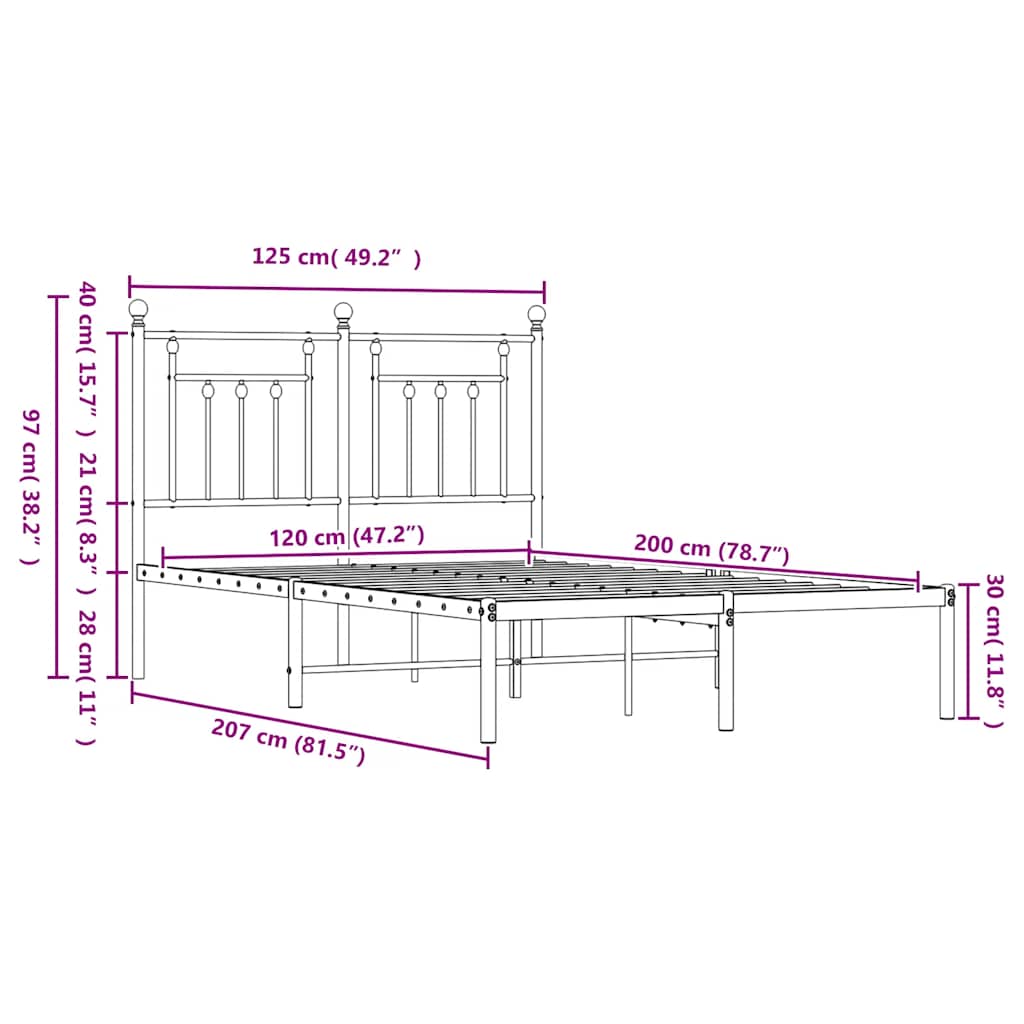 Metalni okvir za krevet s uzglavljem bijeli 120x200 cm