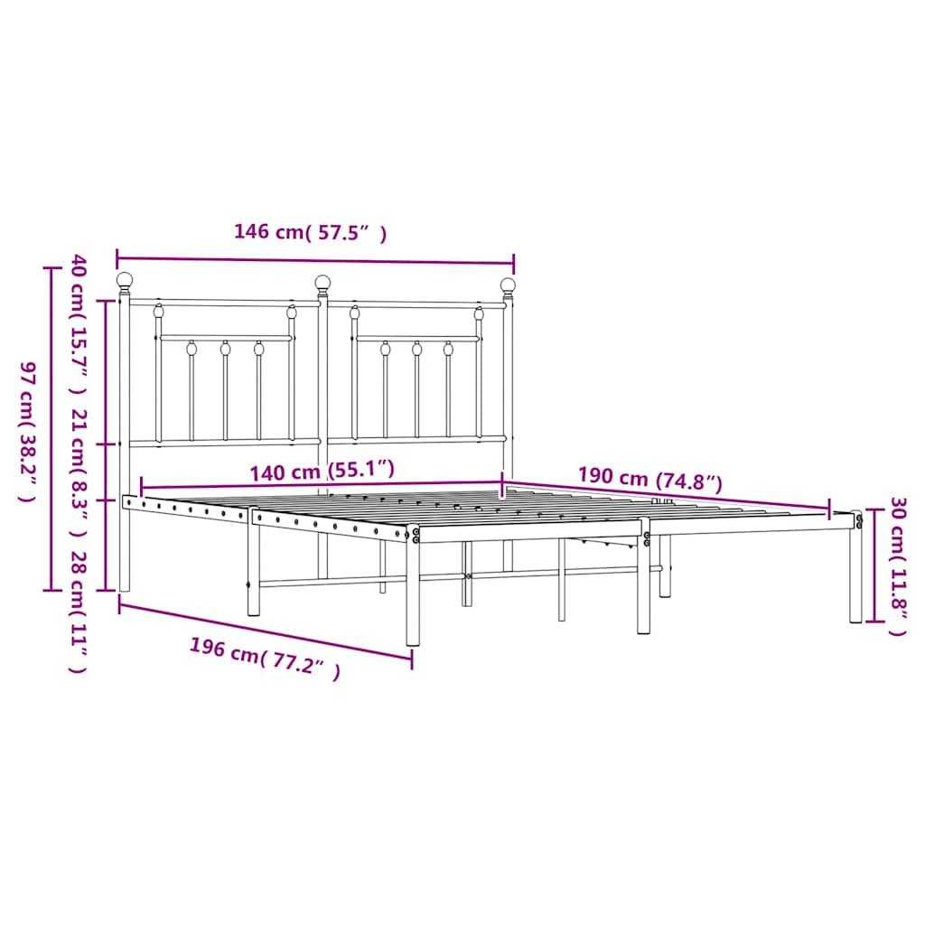 Metalni okvir za krevet s uzglavljem bijeli 140 x 190 cm