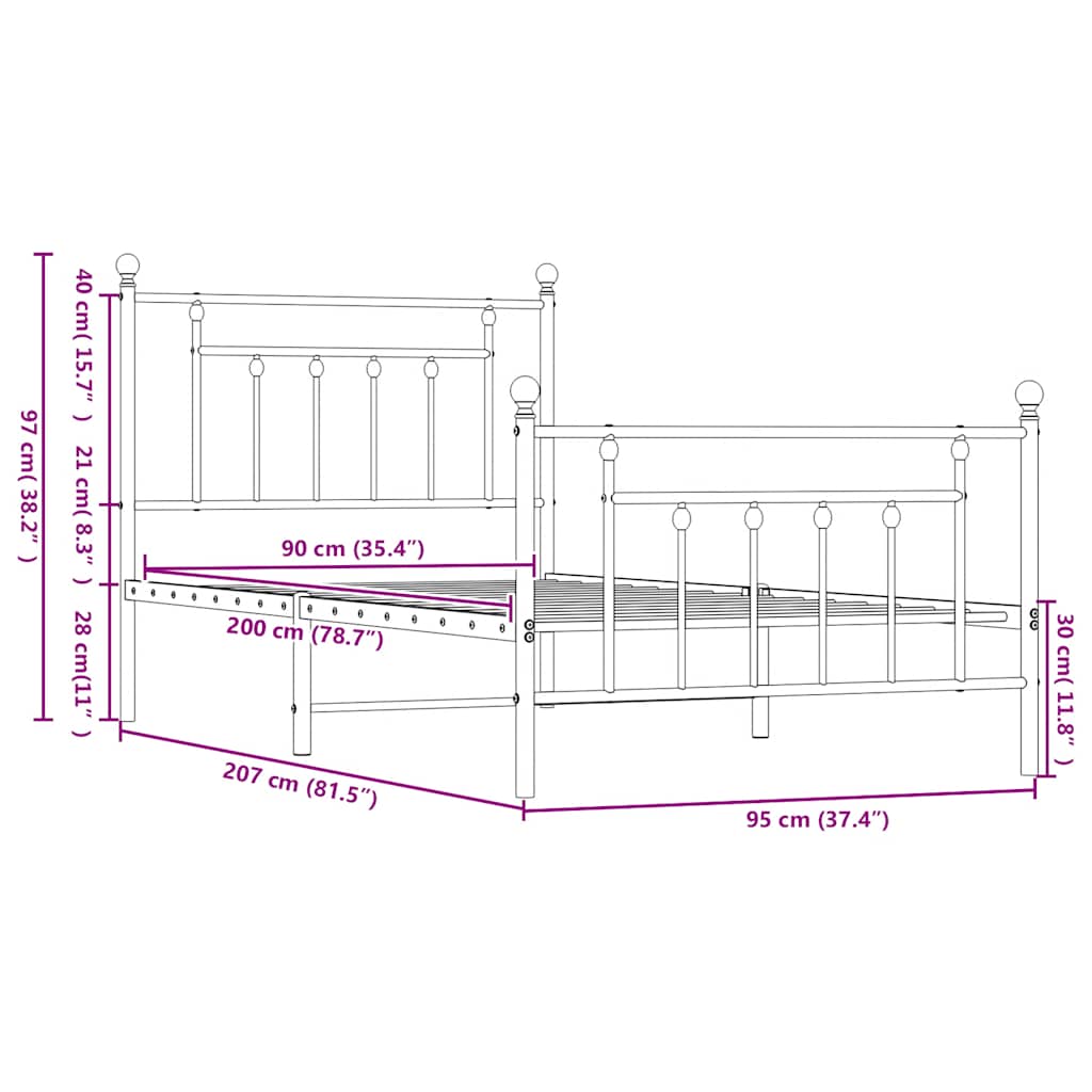 Metalni okvir kreveta uzglavlje i podnožje bijeli 90 x 200 cm