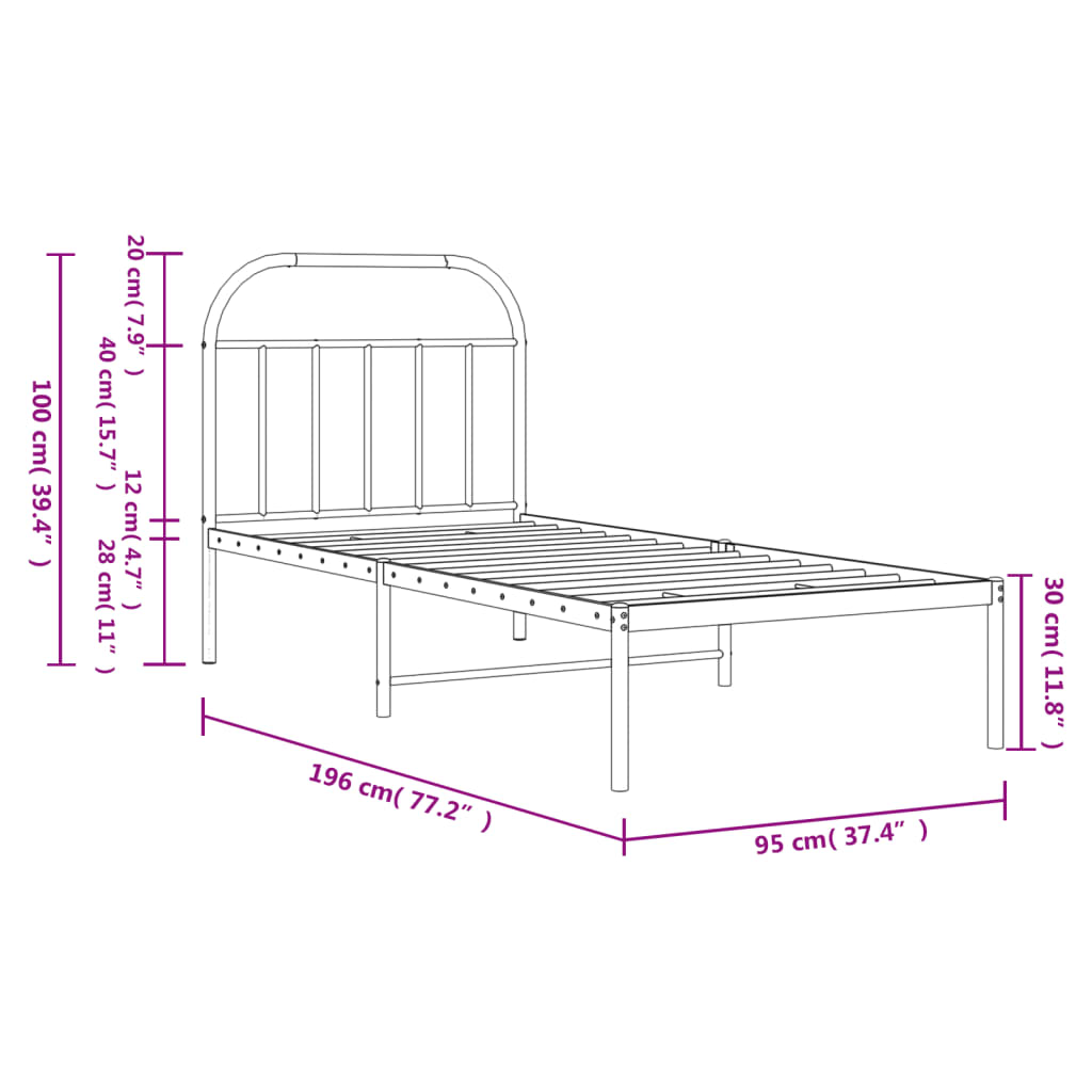 Metalni okvir za krevet s uzglavljem crni 90x190 cm