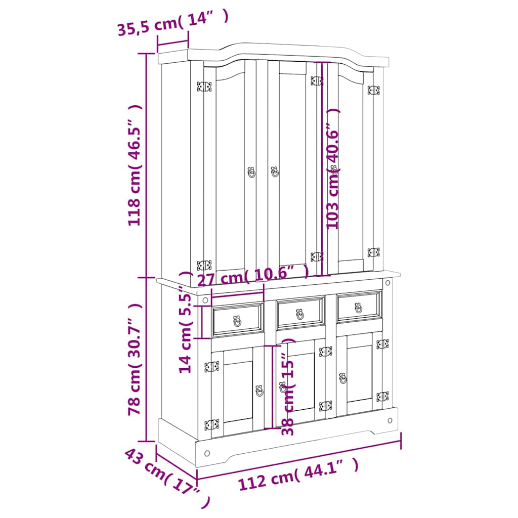 Visoka komoda Corona bijela 112x43x196cm borovina meksički stil