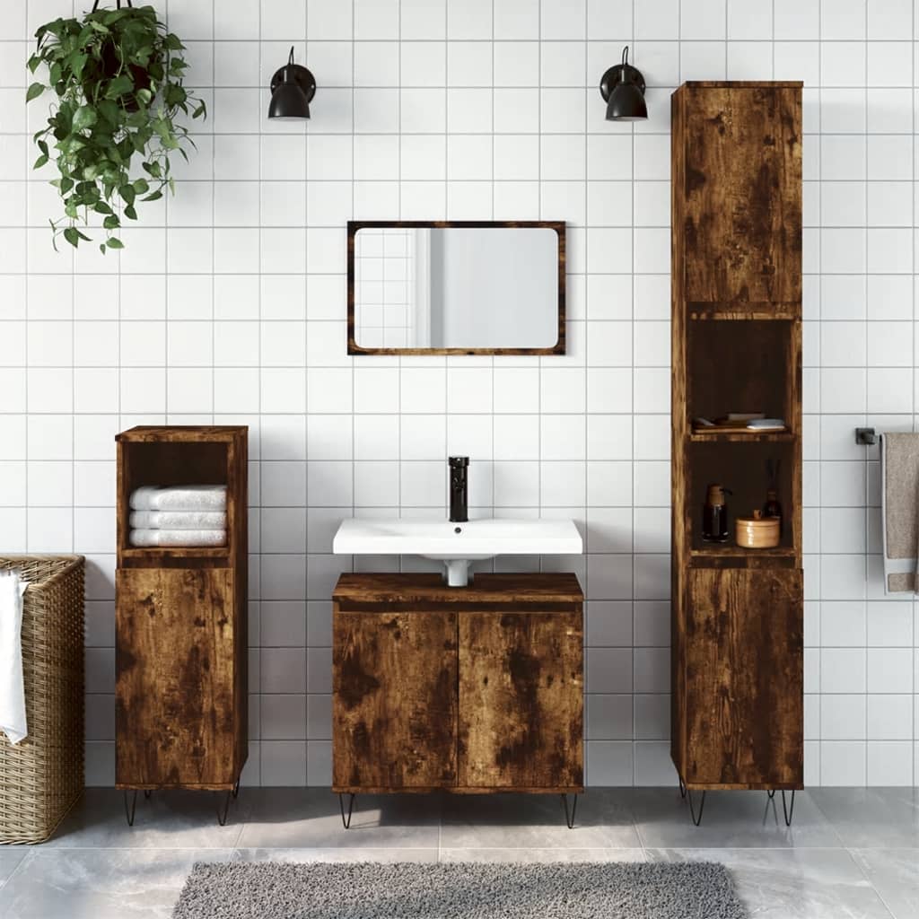 3-dijelni set kupaonskih ormarića boja dimljenog hrasta drveni