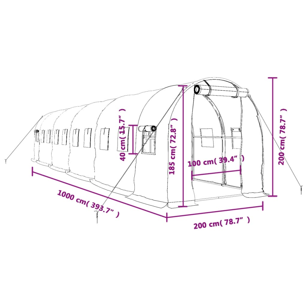 Staklenik s čeličnim okvirom zeleni 20 m² 10 x 2 x 2 m