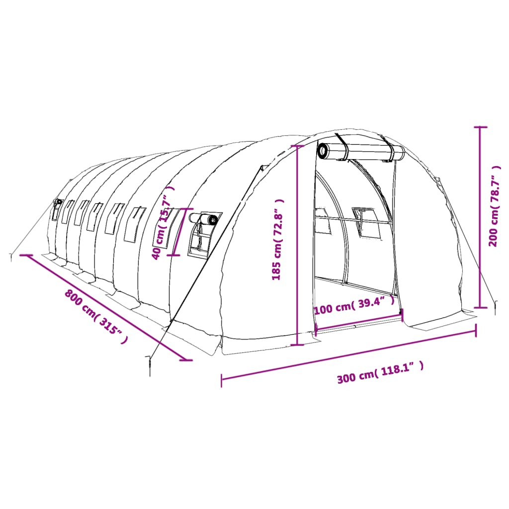 Staklenik s čeličnim okvirom zeleni 24 m² 8 x 3 x 2 m