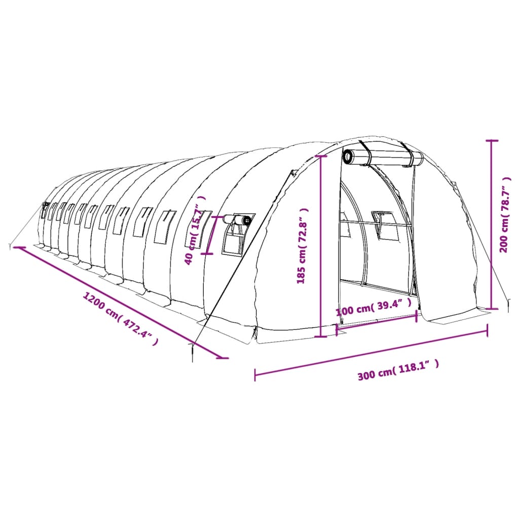 Staklenik s čeličnim okvirom zeleni 36 m² 12 x 3 x 2 m