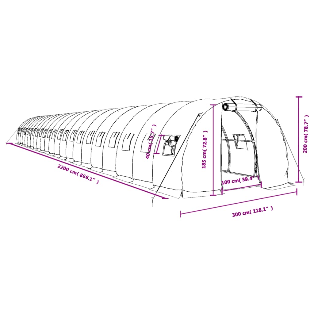Staklenik s čeličnim okvirom zeleni 66 m² 22 x 3 x 2 m