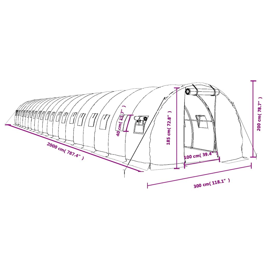Staklenik s čeličnim okvirom bijeli 60 m² 20 x 3 x 2 m