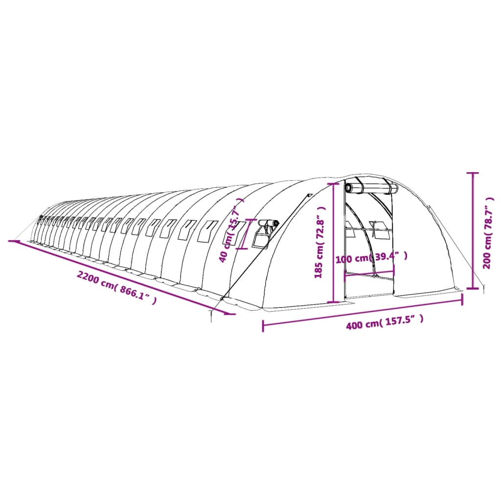 Staklenik s čeličnim okvirom bijeli 88 m² 22 x 4 x 2 m