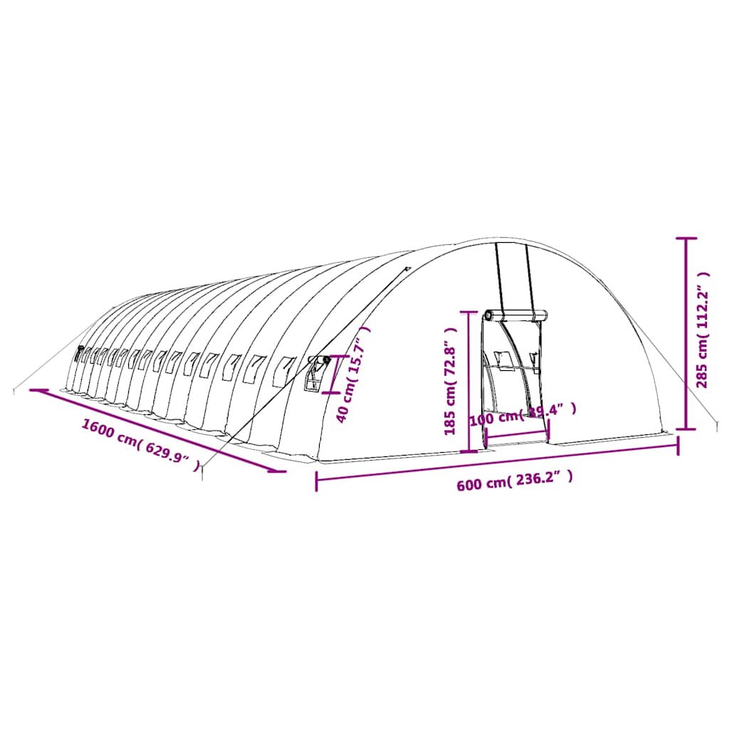 Plastenik s čeličnim okvirom zeleni 96 m² 16 x 6 x 2,85 m