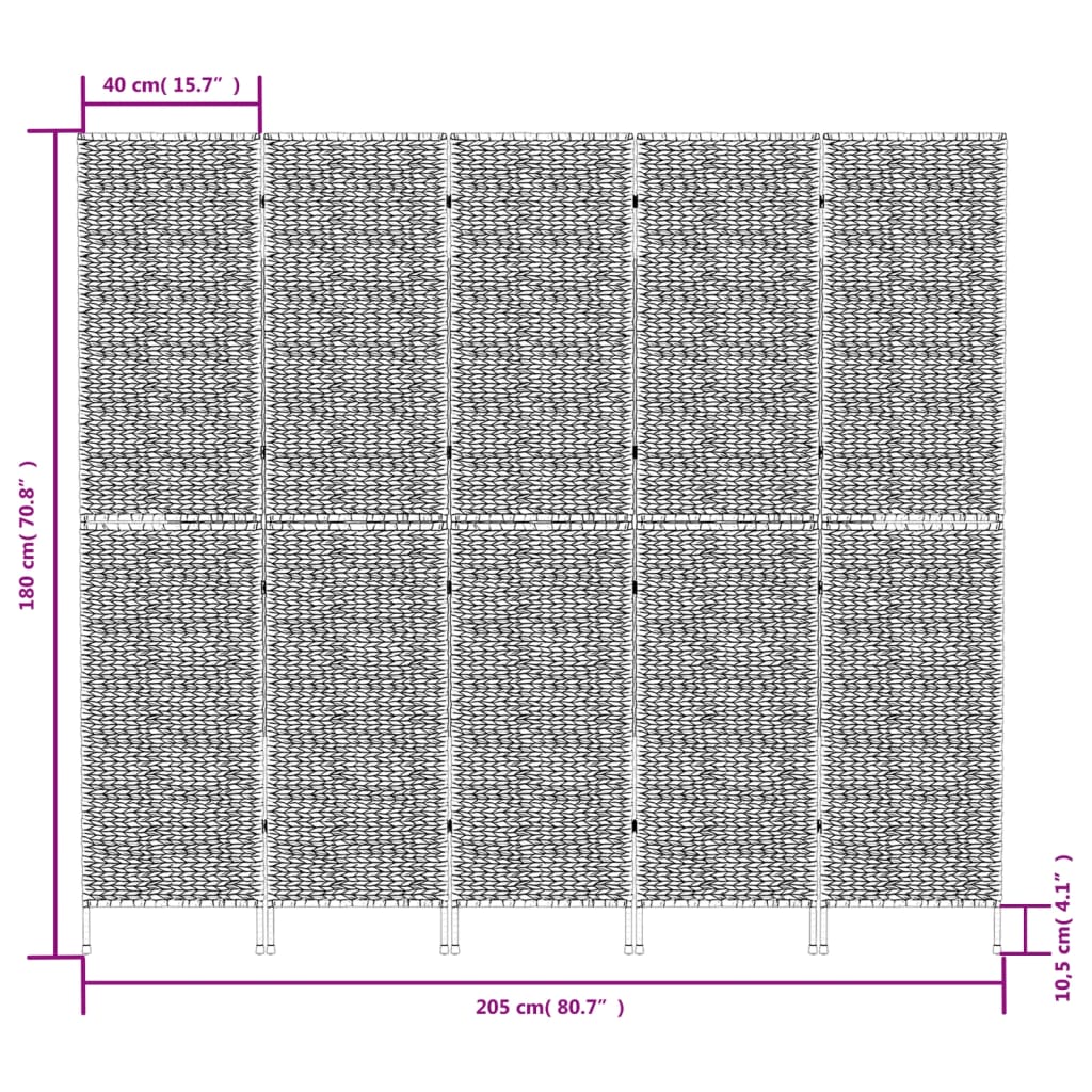 Sobna pregrada s 5 panela smeđa 205 x 180 cm od vodenog zumbula