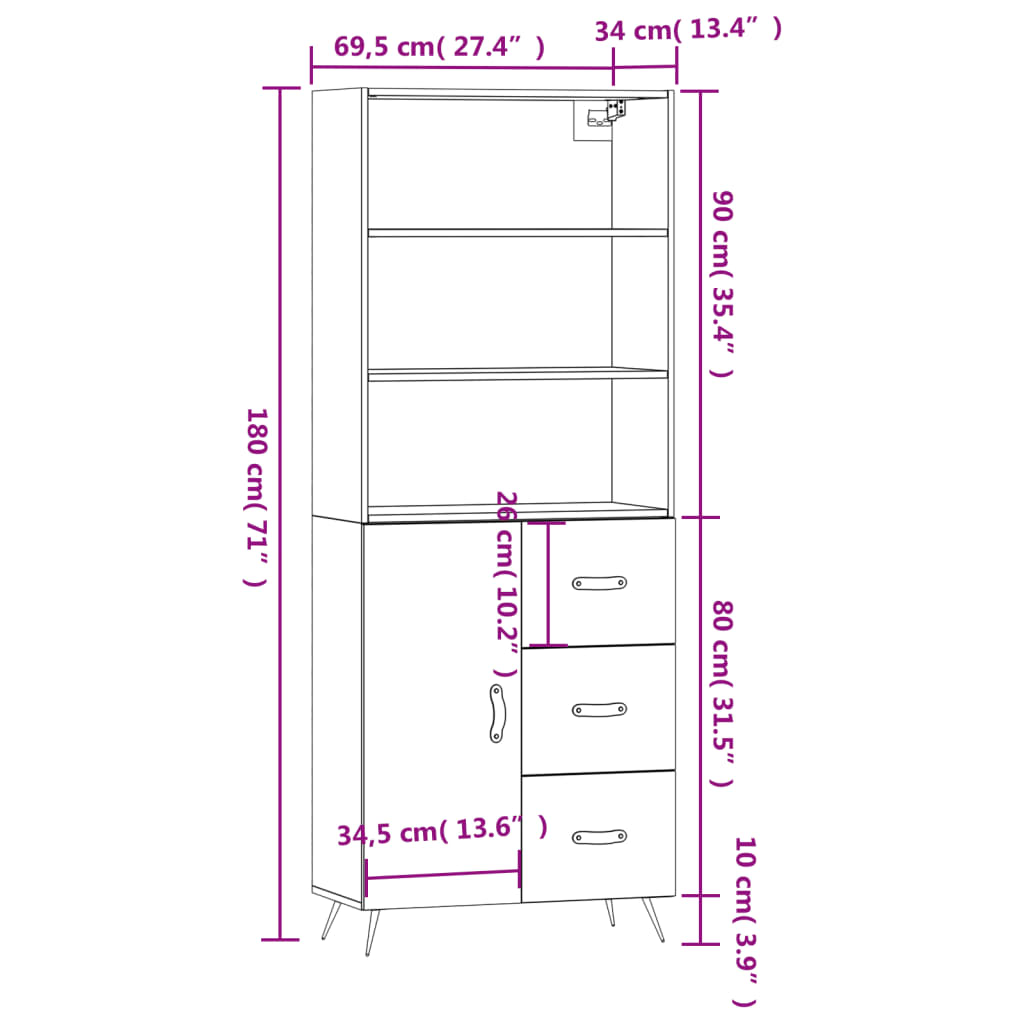Visoka komoda siva betona 69,5x34x180 cm od konstruiranog drva