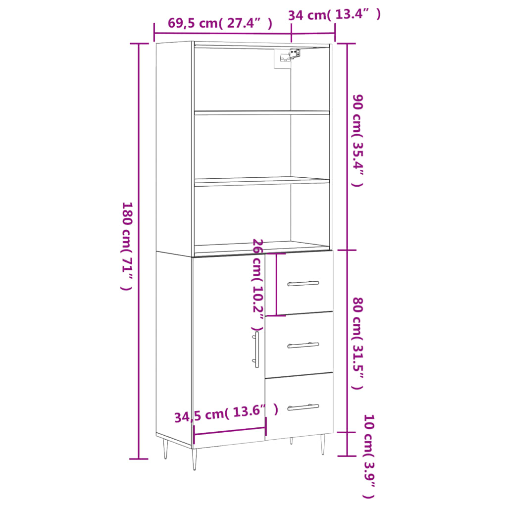 Visoka komoda siva sonome 69,5x34x180 cm od konstruiranog drva