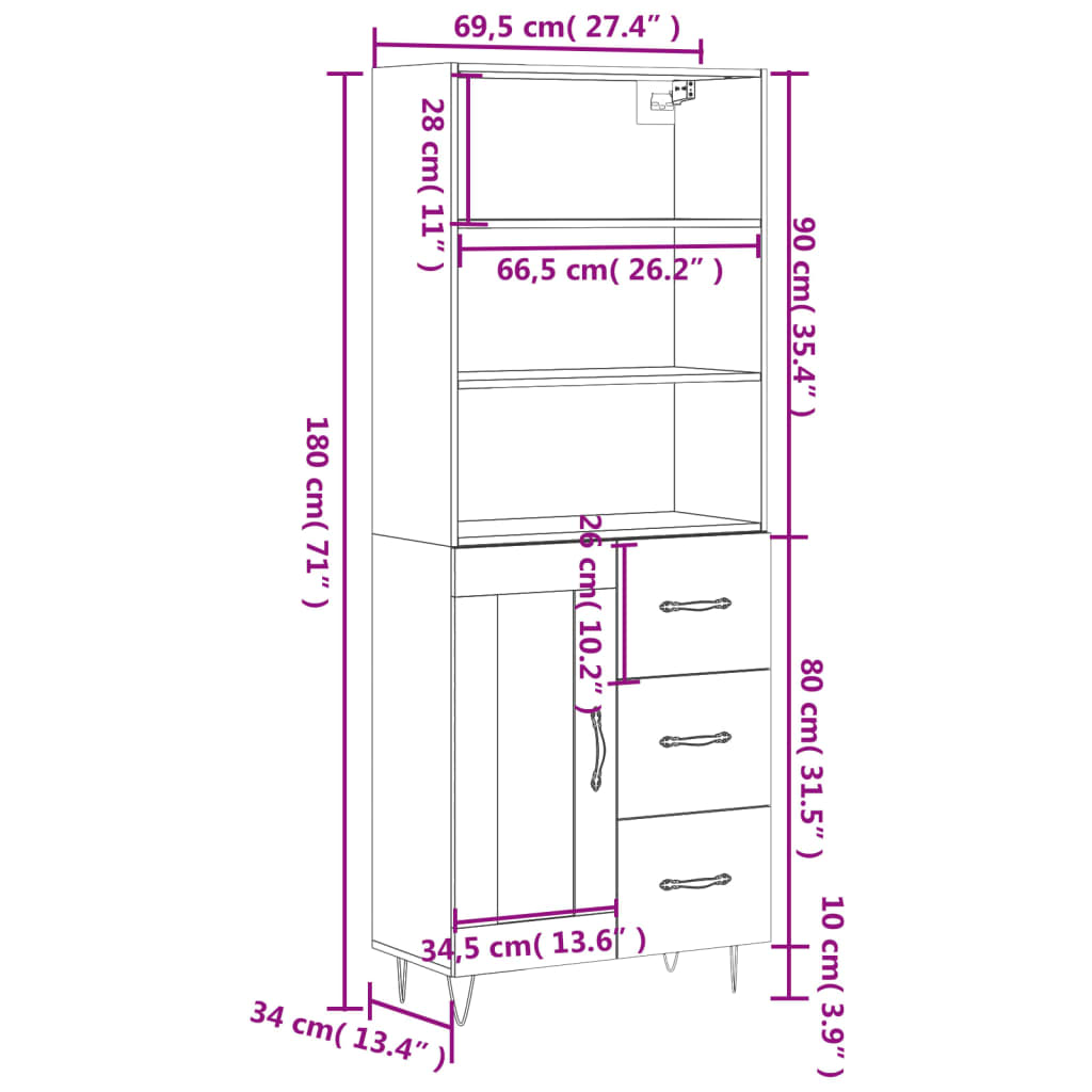 Visoka komoda crni 69,5x34x180 cm konstruirano drvo