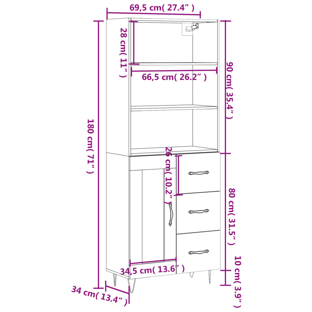 Visoka komoda siva sonome 69,5x34x180 cm od konstruiranog drva