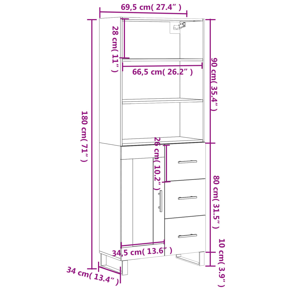 Visoka komoda siva betona 69,5x34x180 cm od konstruiranog drva