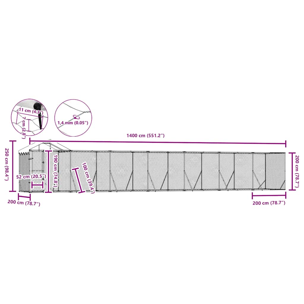 Vanjski kavez za pse s krovom srebrni 14x2x2,5m pocinčani čelik