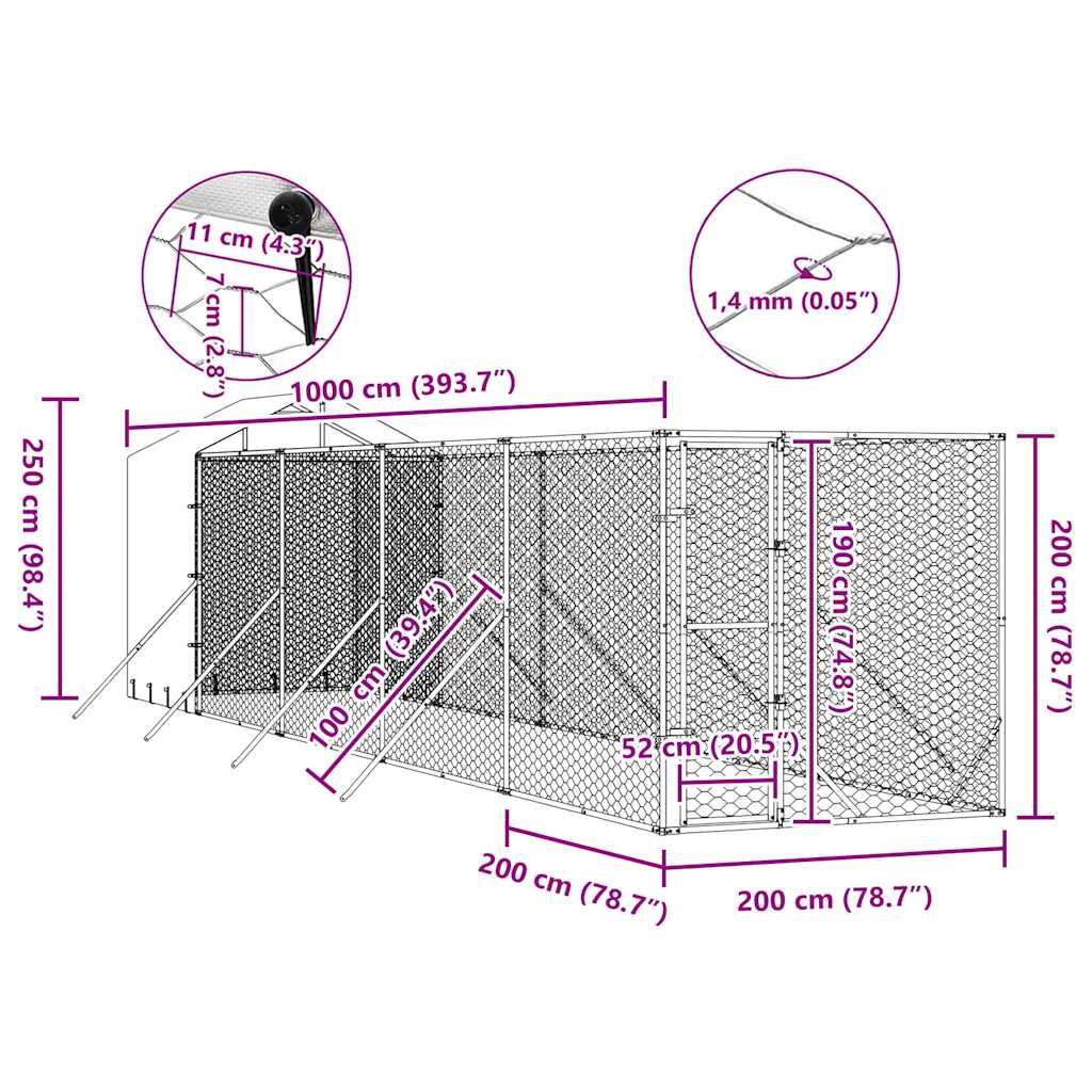 Vanjski kavez za pse s krovom srebrni 2x10x2,5m pocinčani čelik