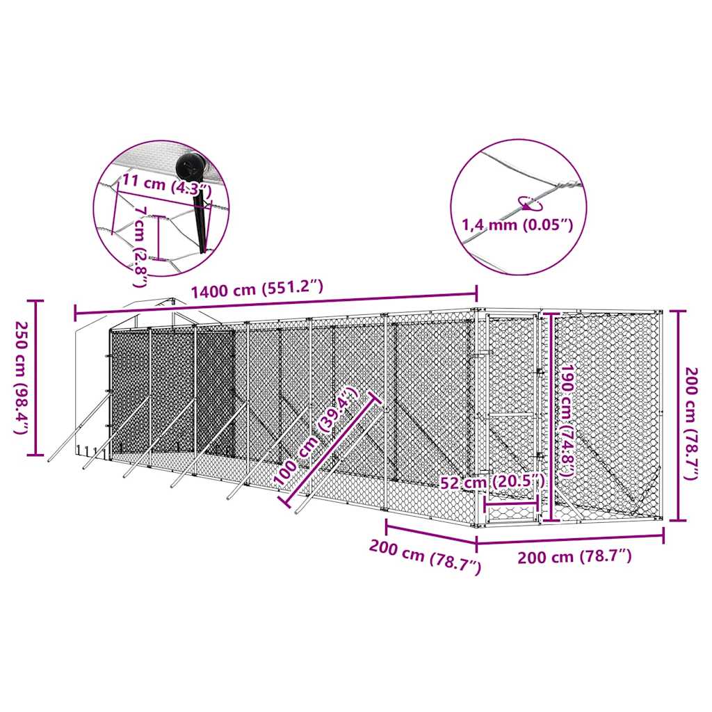 Vanjski kavez za pse s krovom srebrni 2x14x2,5m pocinčani čelik