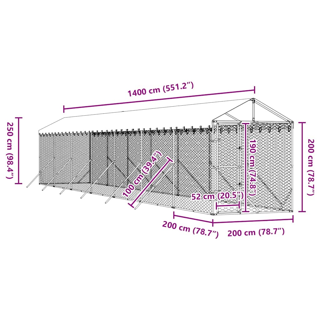 Vanjski kavez za pse s krovom srebrni 2x14x2,5m pocinčani čelik