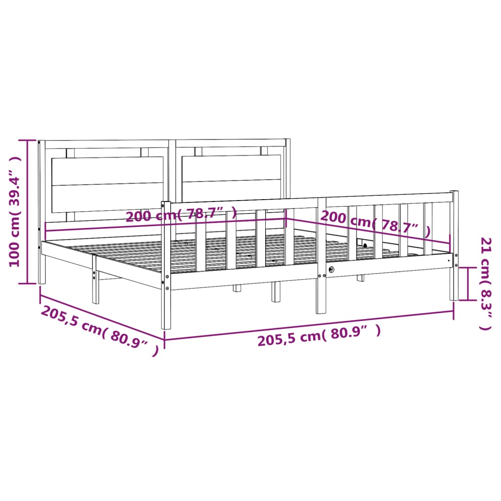 Okvir za krevet s uzglavljem crni 200 x 200 cm od masivnog drva