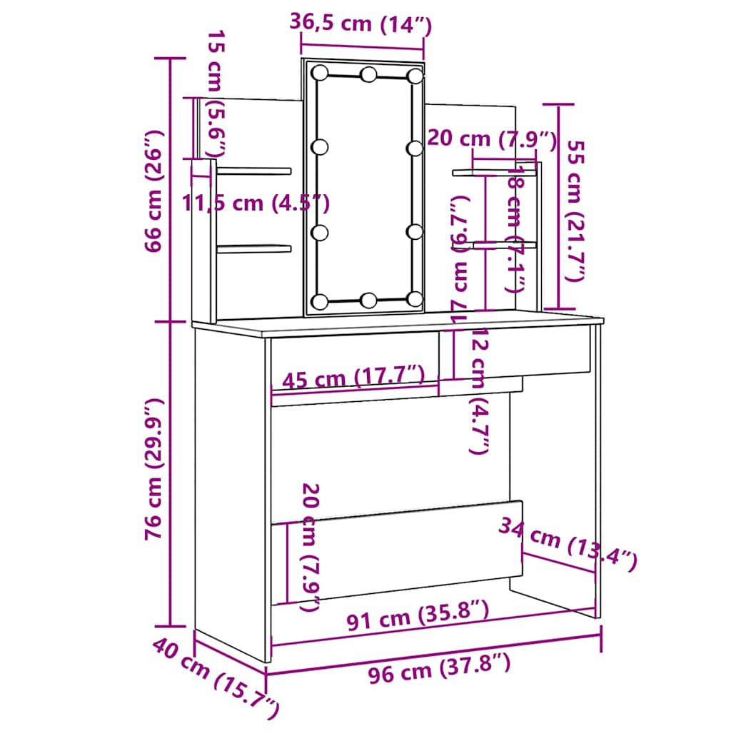 Toaletni stolić s LED svjetlima crni 96 x 40 x 142 cm