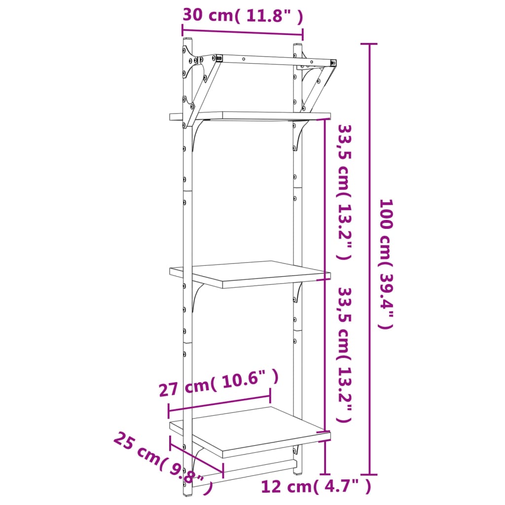 Zidne police s prečkama 2 kom smeđa boja hrasta 30x25x100 cm