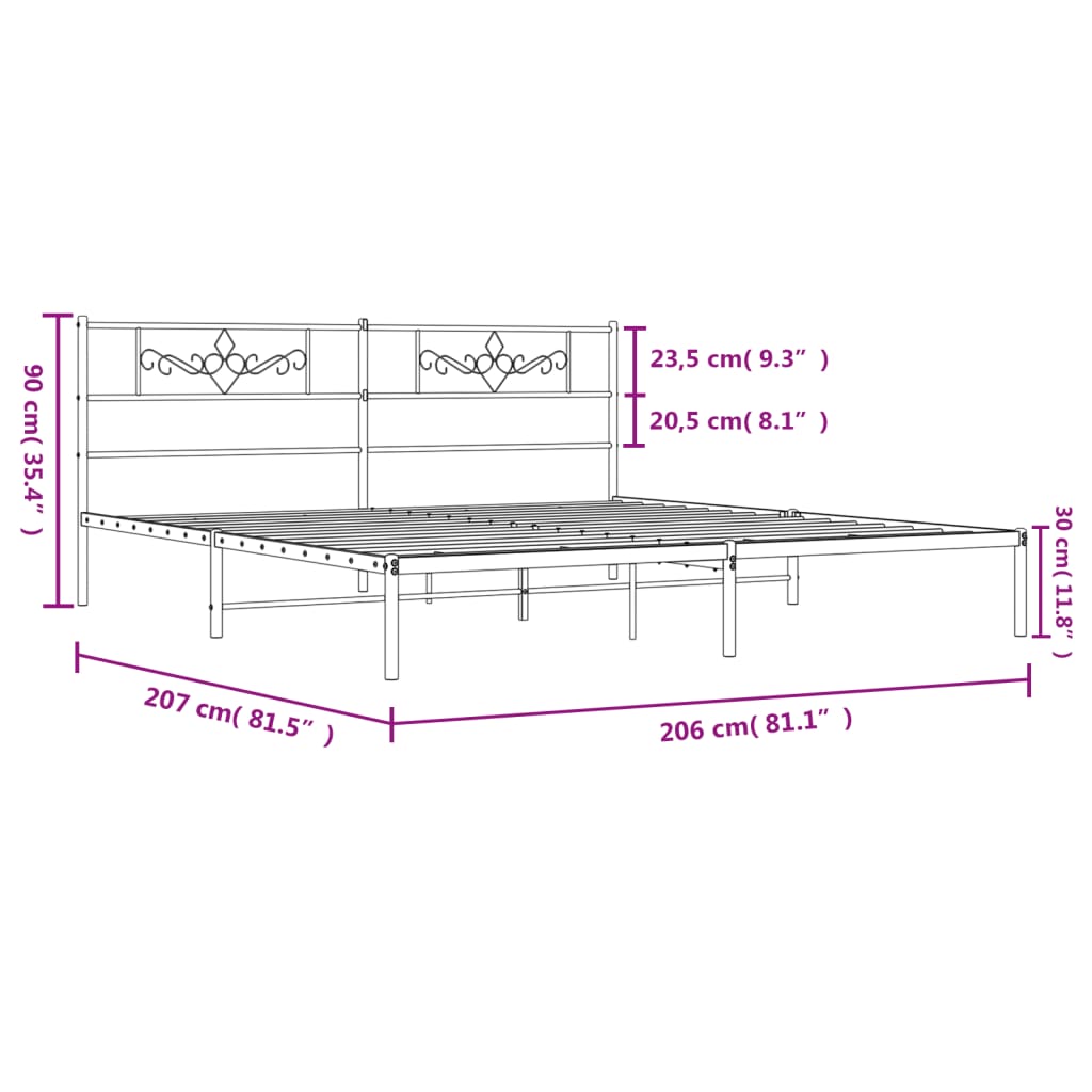 Metalni okvir za krevet s uzglavljem crni 200x200 cm