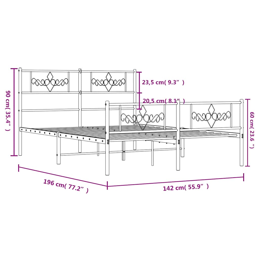 Metalni okvir kreveta uzglavlje i podnožje crni 135x190 cm