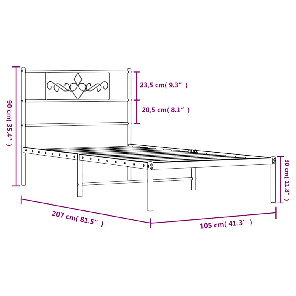 Metalni okvir za krevet s uzglavljem bijeli 100x200 cm