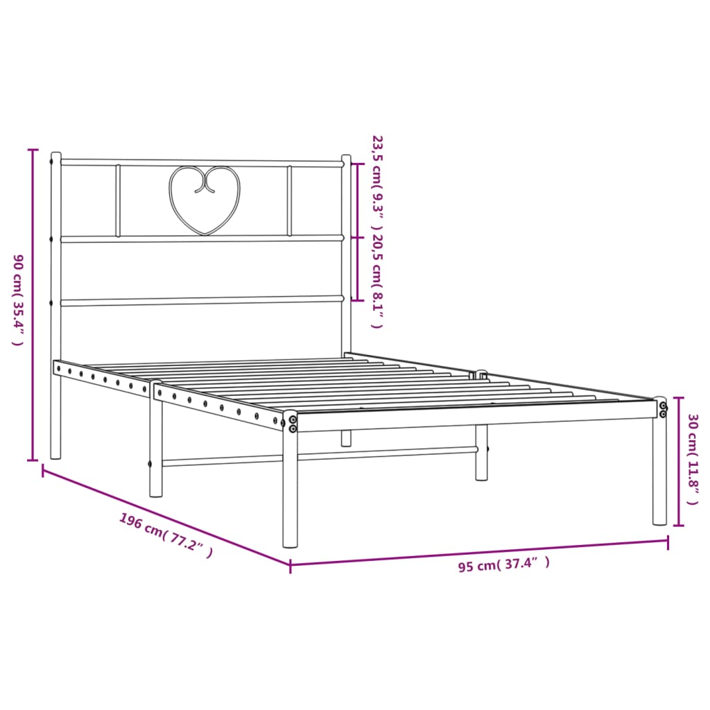 Metalni okvir za krevet s uzglavljem crni 90x190 cm