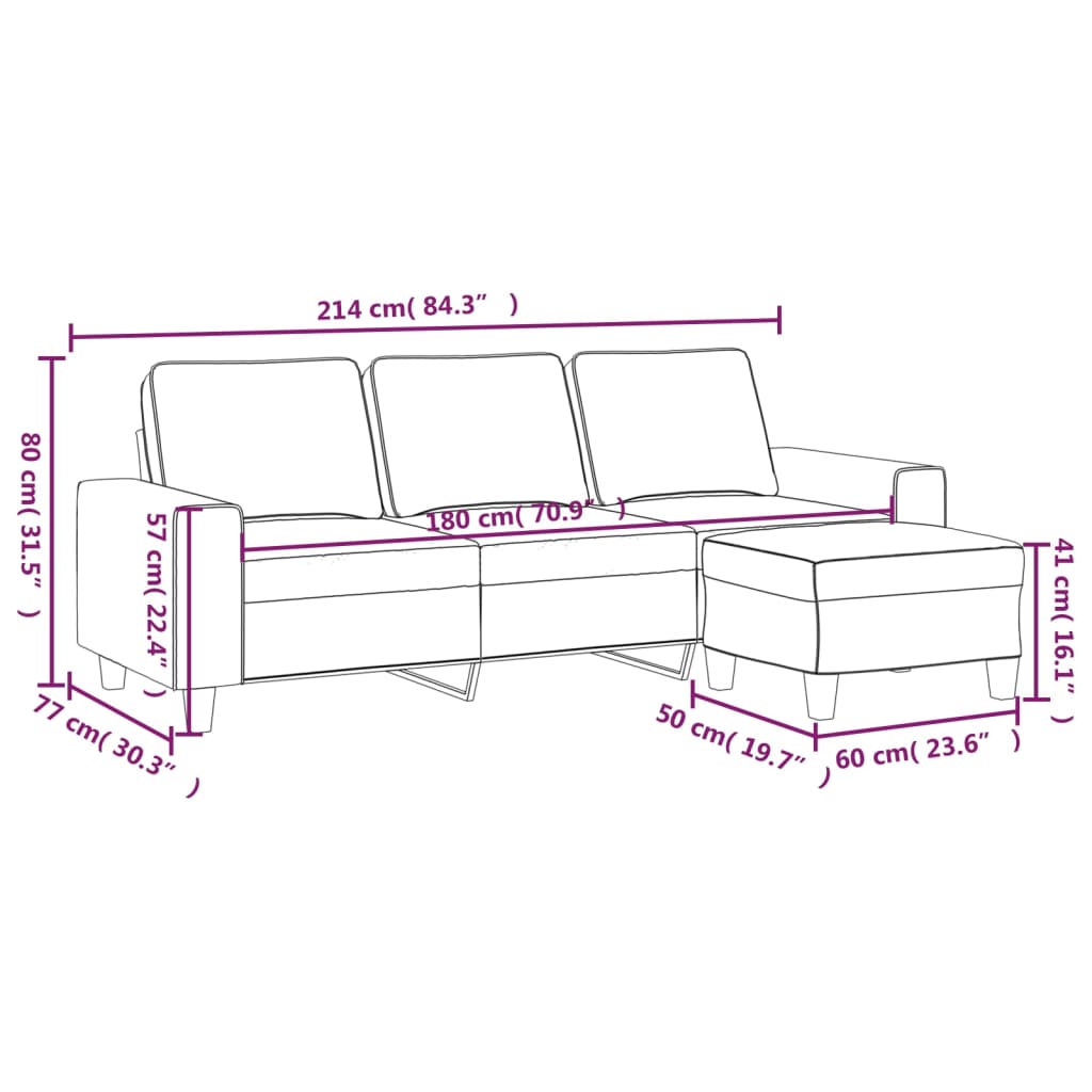 Trosjed s tabureom svjetložuti 180 cm od tkanine