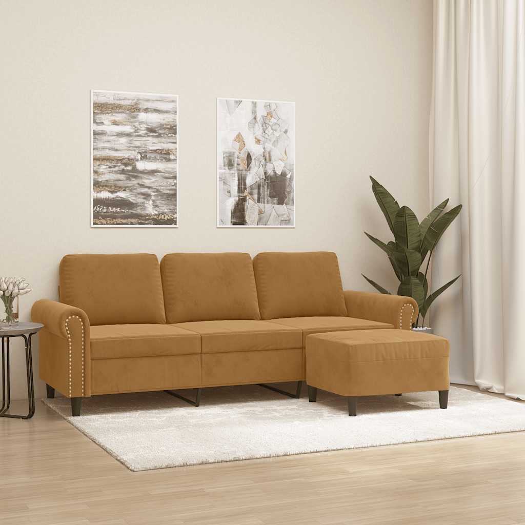 Trosjed s tabureom smeđi 180 cm baršunasti