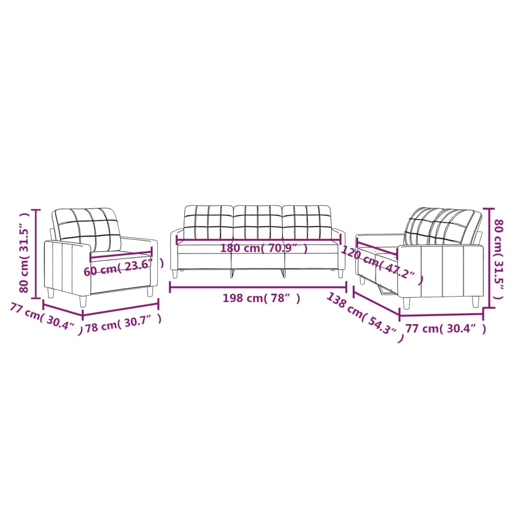 3-dijelni set sofa s jastucima krem od tkanine