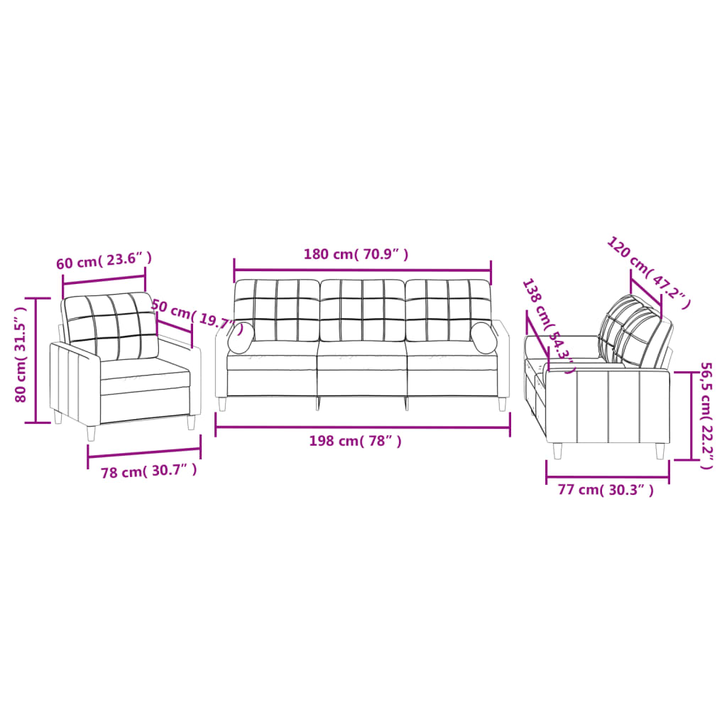 3-dijelni set sofa s jastucima crni od mikrovlakana