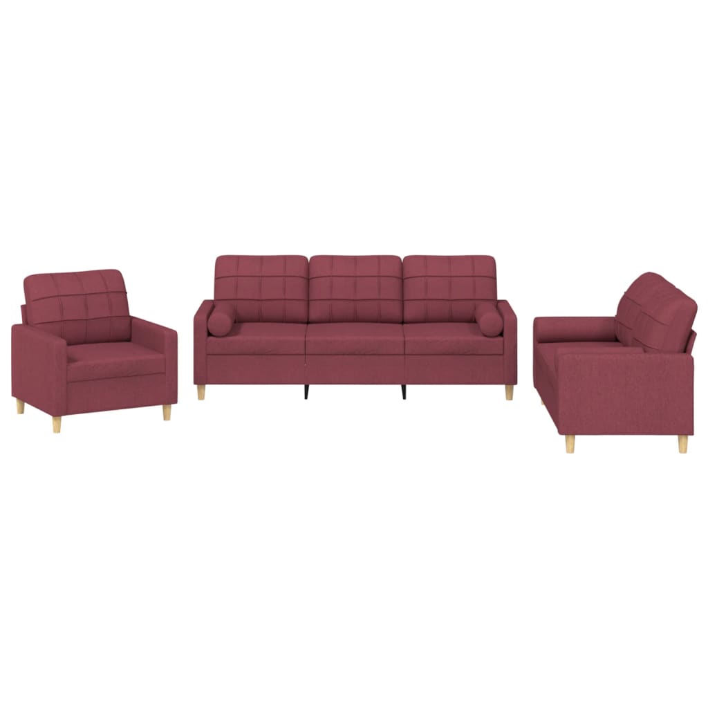 3-dijelni set sofa s jastucima crvena boja vina od tkanine