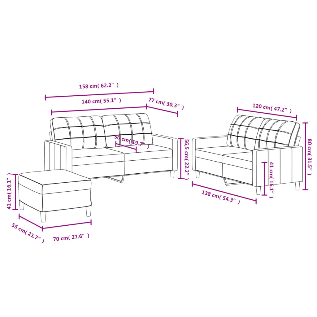 3-dijelni set sofa s jastucima krem od tkanine