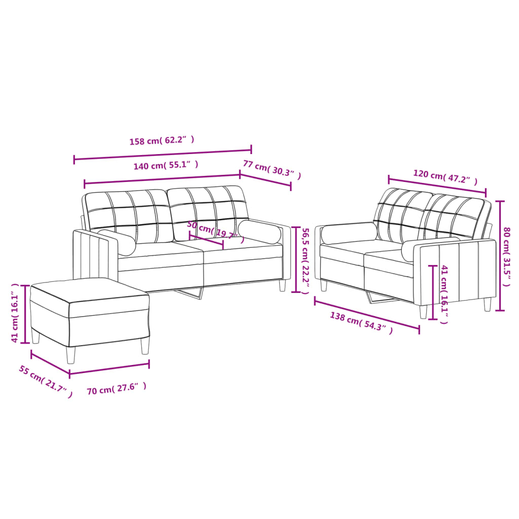 3-dijelni set sofa s jastucima smeđesivi od tkanine