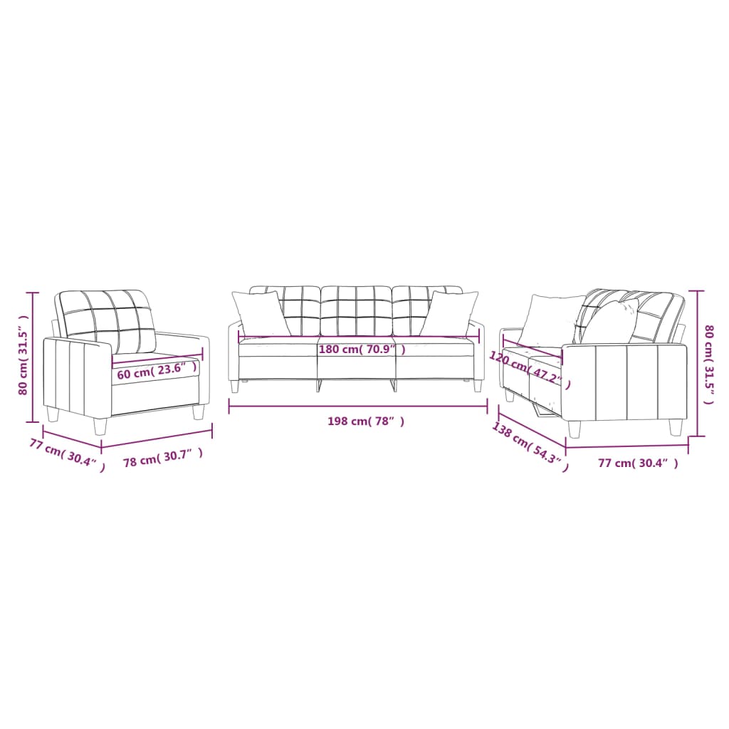 3-dijelni set sofa s jastucima krem od umjetne kože