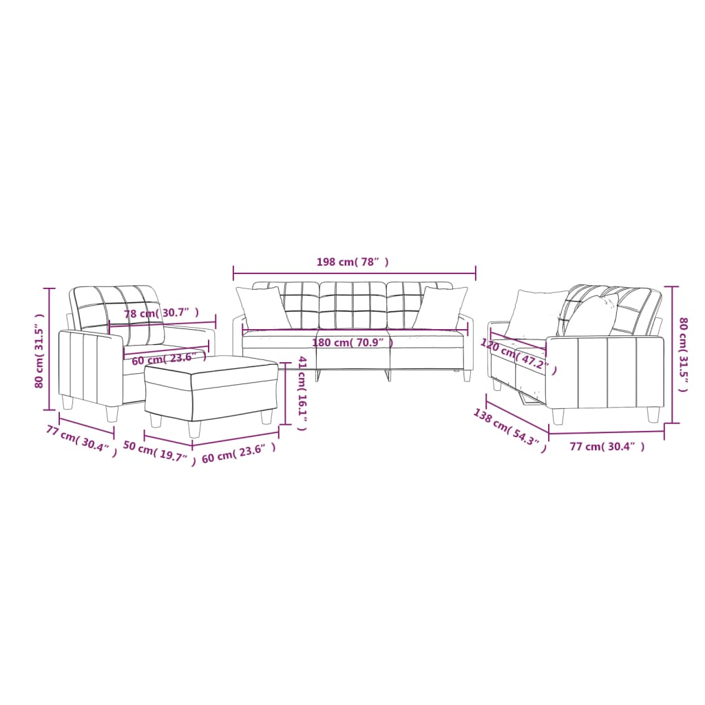 4-dijelni set sofa s jastucima krem od umjetne kože