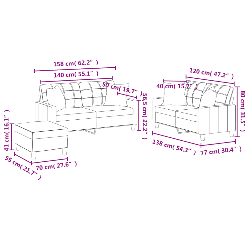3-dijelni set sofa s jastucima crna od umjetne kože