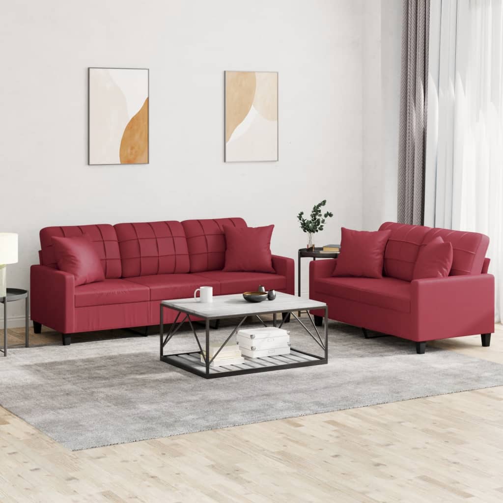 2-dijelni set sofa s jastucima boja vina od umjetne kože