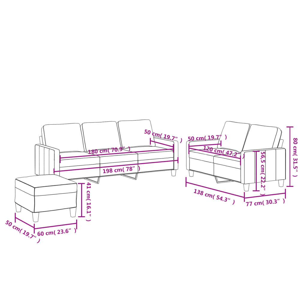 3-dijelni set sofa s jastucima boja cappuccina od umjetne kože