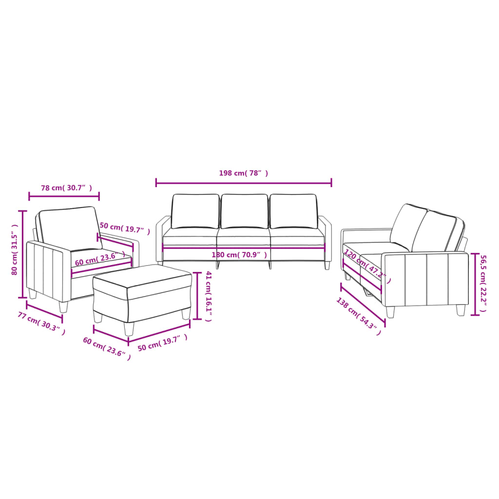 4-dijelni set sofa s jastucima krem od tkanine