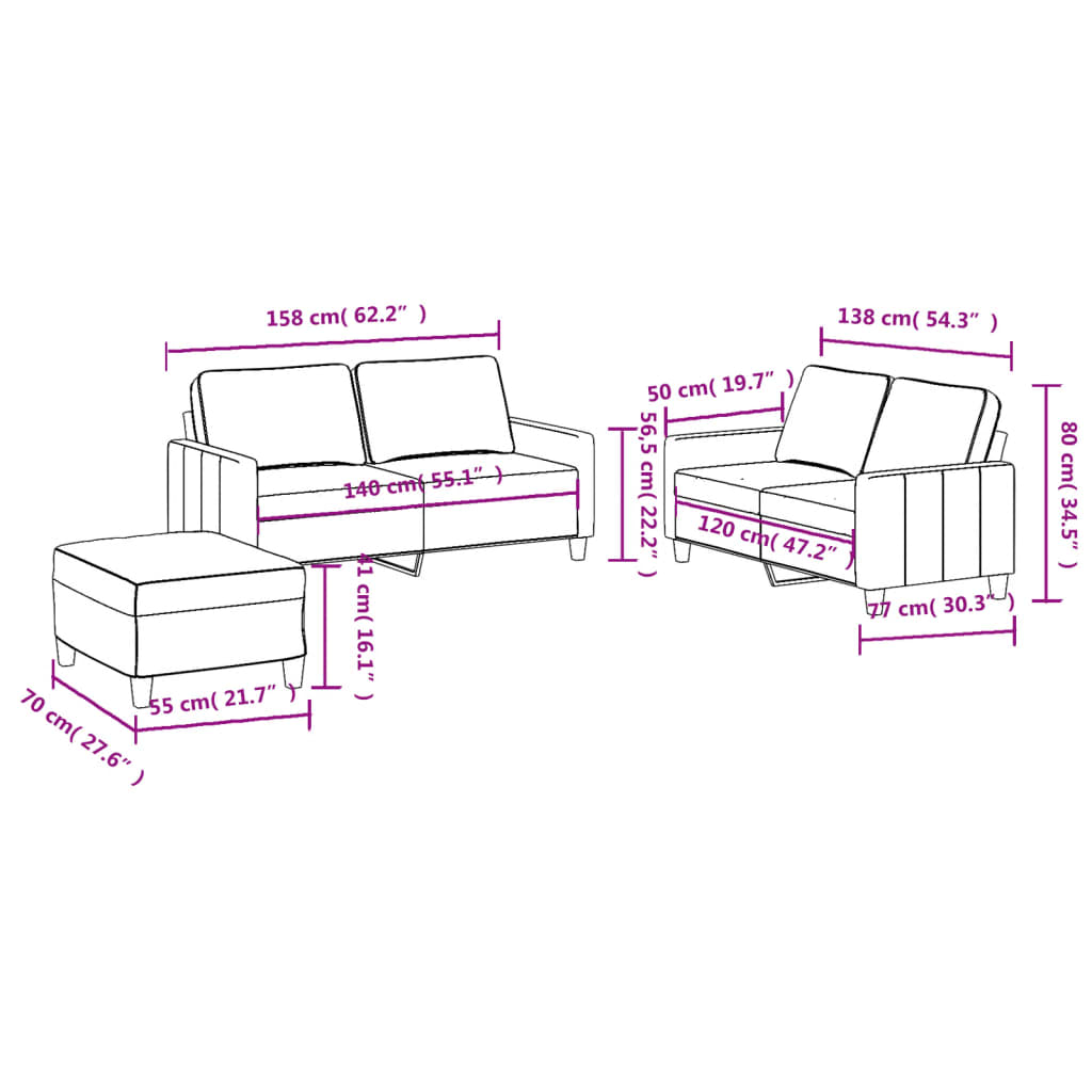 3-dijelni set sofa s jastucima crni od tkanine